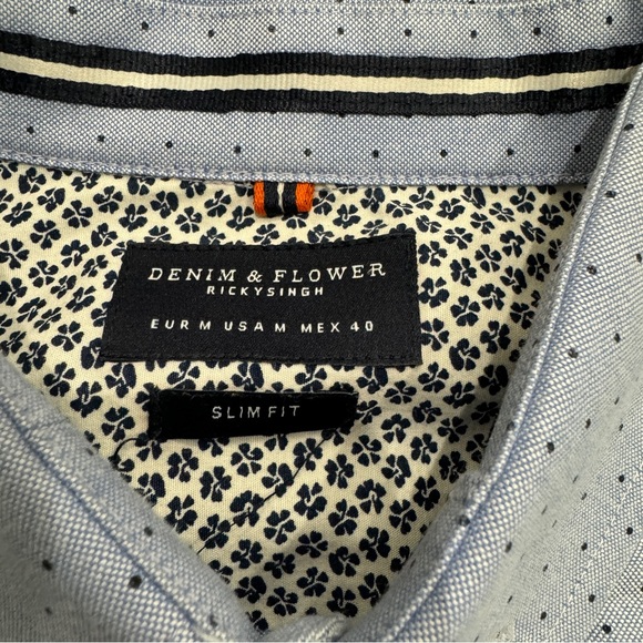 Denim & Flower Long Sleeve Button Up Blue White Polka Dot Medium Untucked Shirt - Picture 5 of 12